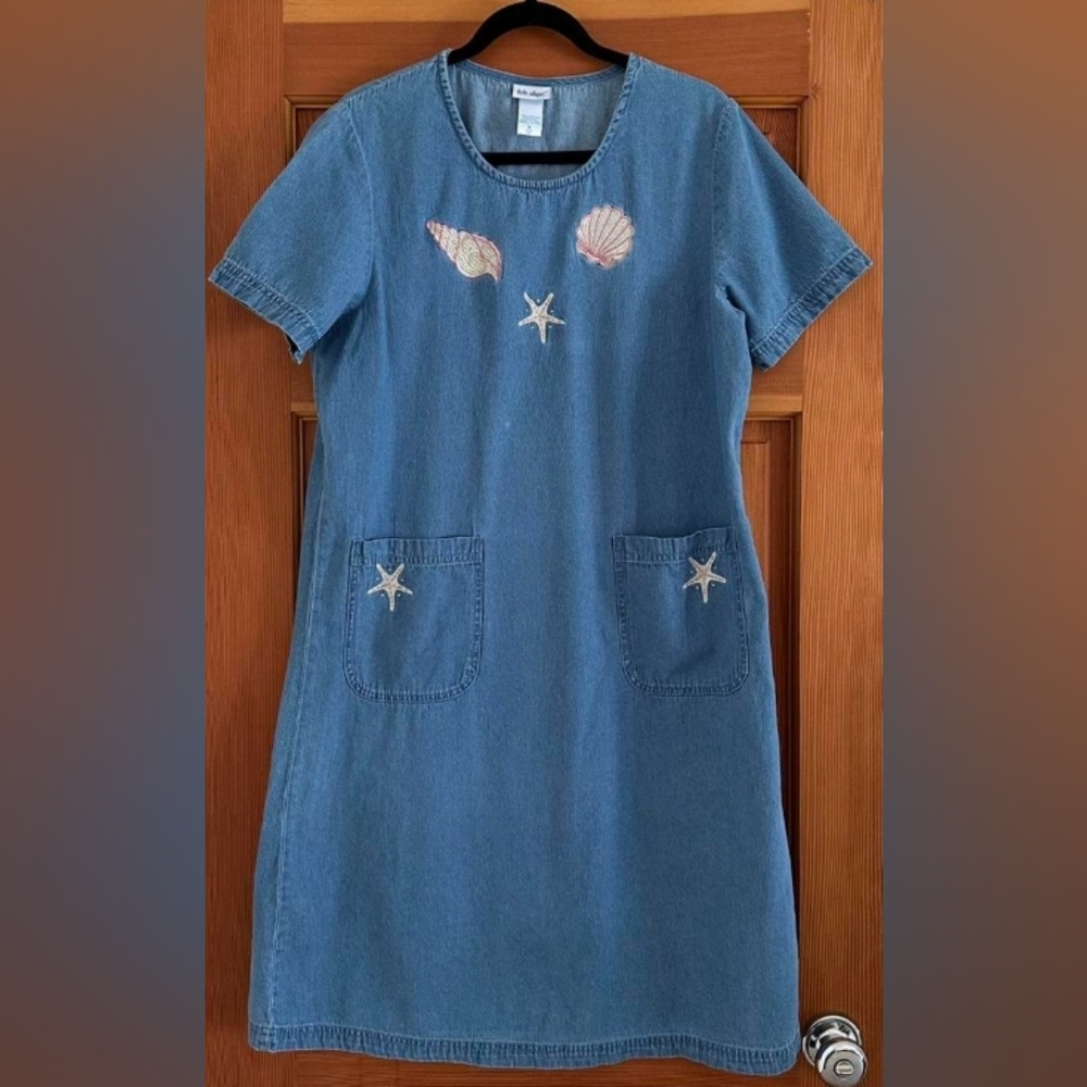 Blue Denim Dress with Starfish Embroidery